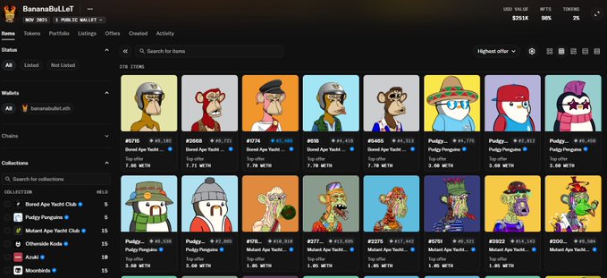 A screenshot of the 'BananaBuLaLa' NFT marketplace on the BNB 2025 Public Wallet, displaying a collection of cartoon animal character NFTs with prices in WETH.
