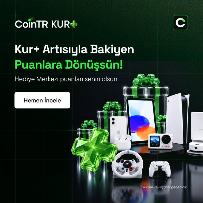 CoinTR KUR+ promotional banner advertising a loyalty points program with the text 'Kur+ Artışıyla Bakiyen Puanlara Dönüşsün!' and a 'Hemen İncele' button, displayed alongside images of various tech gadgets including tablets, smartphones, gaming consoles, and AirPods.