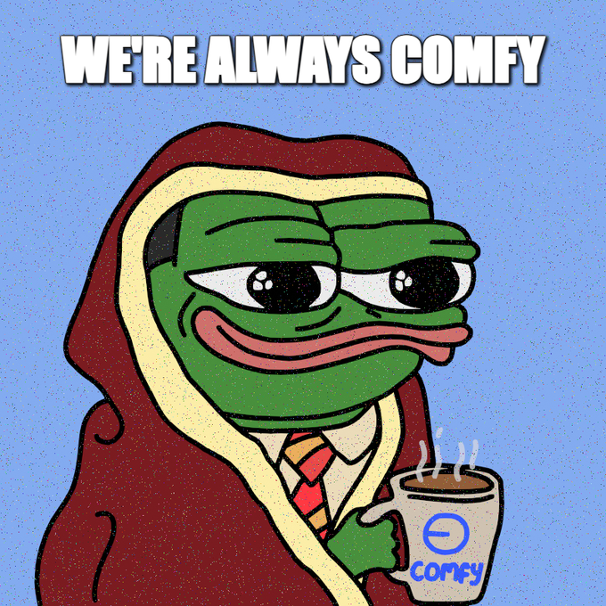 The image features a cartoon frog wearing a red and white striped shirt, holding a coffee cup with a blue logo on it. The text "We're always comfy" is written above the frog's head. This suggests that the image might be related to a product or service named "Comfort," possibly an advertisement for a coffee brand or a cozy beverage.