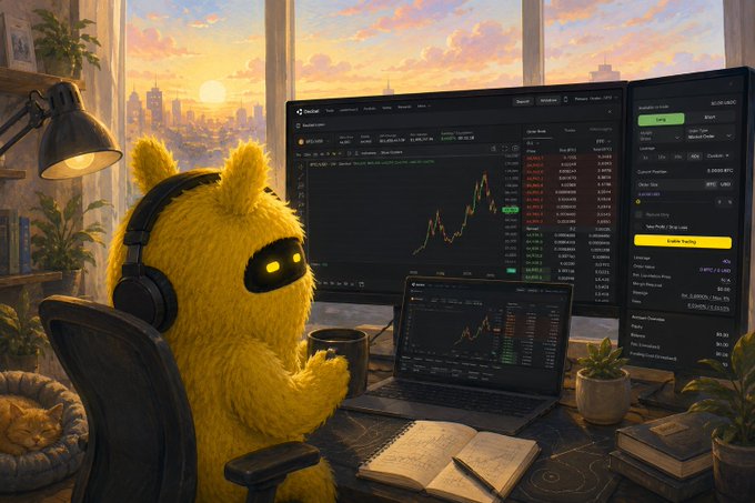 A fluffy yellow creature with headphones trades at a multi-screen setup, analyzing charts and order books displaying tickers like BTC/USD and ETH/USD, with "Decibel" and "Enables Trading" visible on the interface. The image reinforces the post's message of nonstop, 24/7 crypto trading—showing the creature working through sunset with both desktop and laptop charts open, embodying dedication to monitoring the market regardless of the weekend.