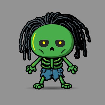 A cartoon-style green skeleton character with dark dreadlocks, glowing yellow eyes, and blue shorts standing against a gray background.