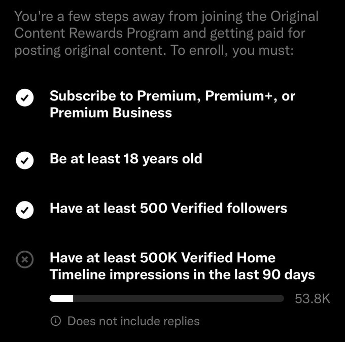 A screenshot from X (Twitter) detailing requirements for the 'Original Content Rewards Program,' including 'Subscribe to Premium,' 'Be at least 18 years old,' 'Have at least 500 Verified followers,' and a progress bar showing 53.8K toward the '500K Verified Home Timeline impressions' requirement.