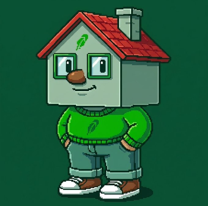 A pixel art illustration of an anthropomorphic house character with a smiling face, red roof, chimney, and a small green leaf on its forehead, dressed in a green shirt, blue shorts, and sneakers against a dark green background.
