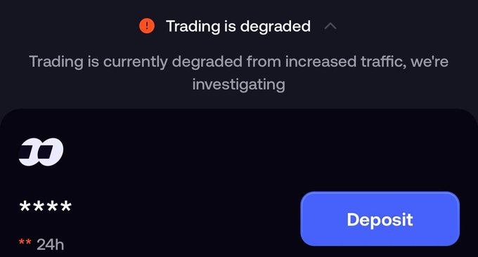A notification banner on Phantom wallet displays "Trading is degraded" with text stating "Trading is currently degraded from increased traffic, we're investigating," alongside a 24h chart indicator and Deposit button, illustrating the service outage referenced in the post about FOMO going offline during $CATE's 70% MC drop despite $75M raised.