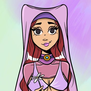 A digital illustration of a stylized character with long red hair, purple headband, and a light purple hooded outfit against a pastel background.