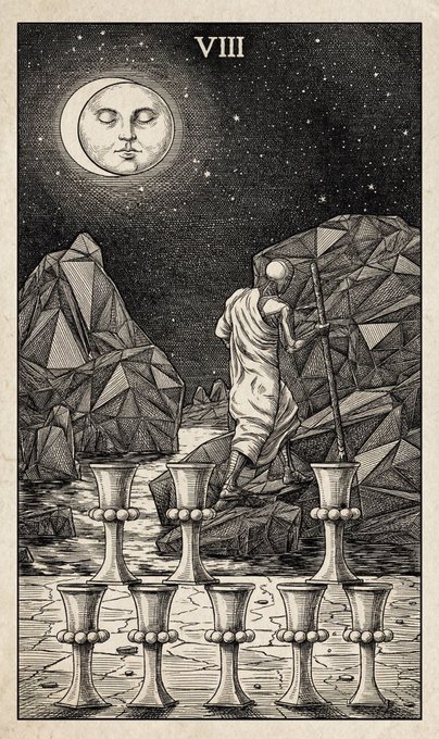 A black and white tarot card illustration labeled 'VIII' depicting a person with a staff climbing rocky terrain under a crescent moon face, with eight chalices at the bottom.