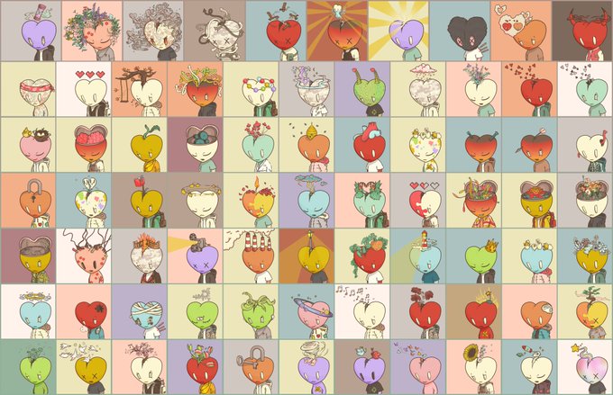 A grid of many small, colorful, cartoon-style character illustrations featuring various fruits, vegetables, and hearts with faces.