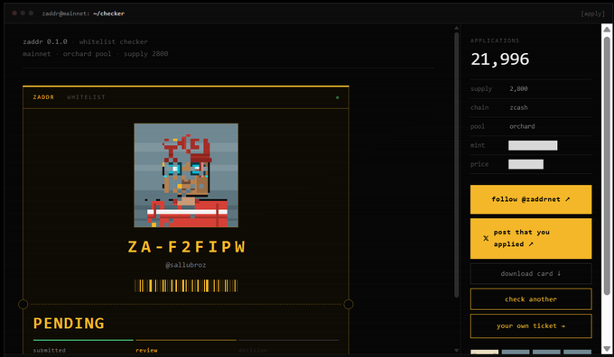 A dark-themed web interface for 'zaddr @mainnet -/checker' showing a pixel art character labeled 'ZA-F2F1PW @salubroz' with 'PENDING' status, and stats showing 21,996 applications for the orchard pool.