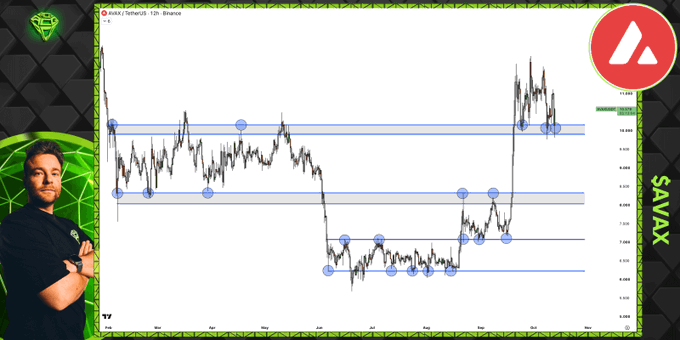 A TradingView chart of AVAX/USD on Binance's 12-hour timeframe displays the cryptocurrency's price action oscillating between marked horizontal support and resistance levels, highlighted by blue circles and trendlines. The chart illustrates the post's observation about AVAX consistently respecting these ranges over several months, with the current price positioned near the lower support zone, suggesting potential for an upward move.