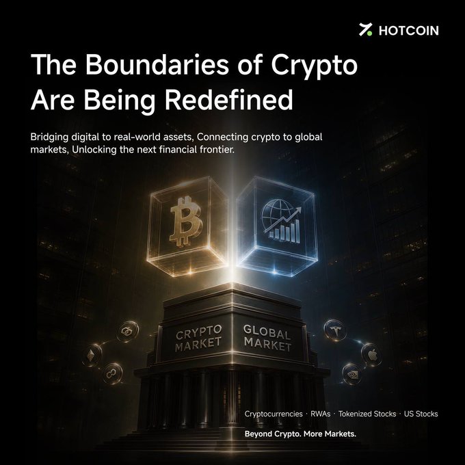 A promotional graphic for HOTCOIN featuring the headline "The Boundaries of Crypto Are Being Redefined" with Bitcoin and market imagery, and tags "Cryptocurrencies, RWAs, Tokenized Stocks, US Stocks, Beyond Crypto. More Markets."