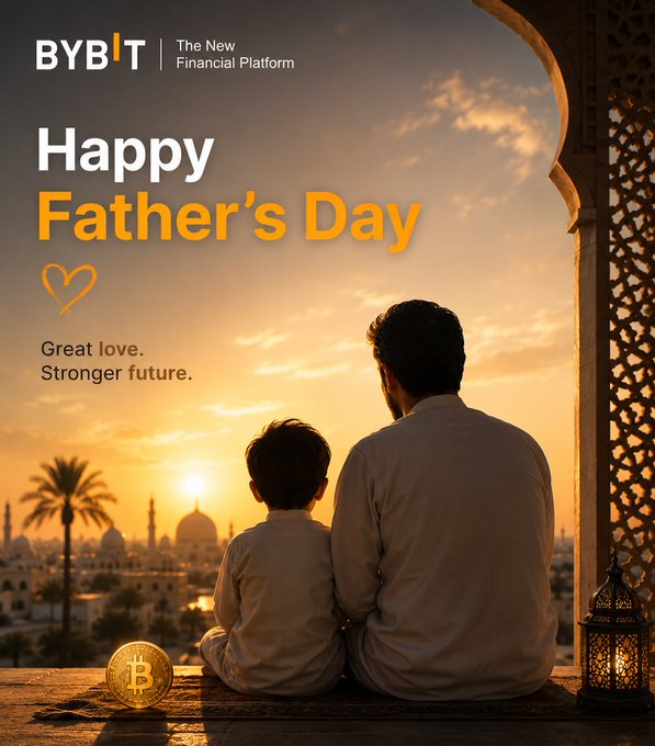 The image features a man and a child sitting together, possibly father and son, looking out at a sunset or sunrise over a city skyline. The text "Happy Father's Day" is written above them, indicating that they are celebrating this special day. The image also includes a Bitcoin symbol in the bottom right corner, suggesting that the post might be related to cryptocurrency or digital assets.