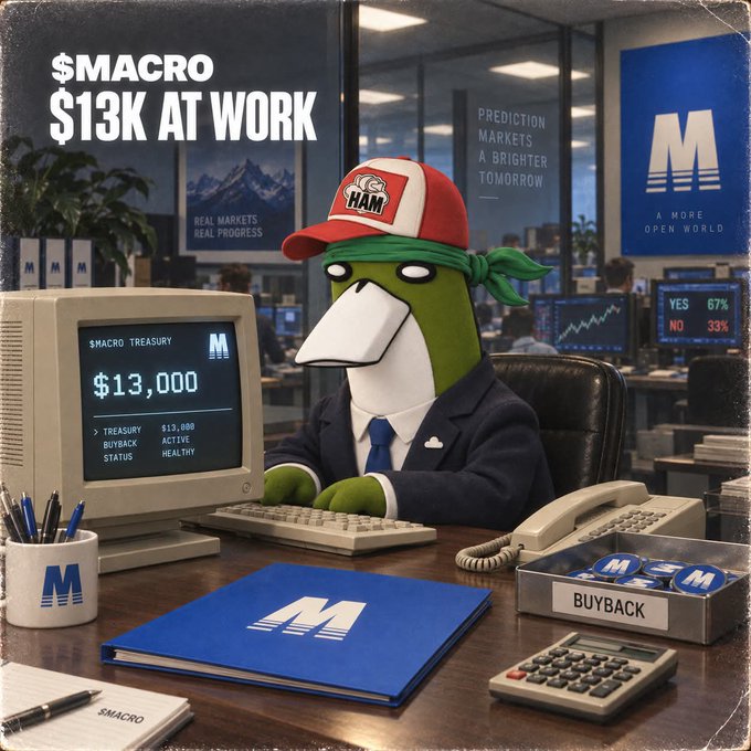 A Pepe-style frog character in a suit and '$MACRO $HAM' cap works at a computer displaying '$MACRO TREASURY $13,000', with the headline '$MACRO $13K AT WORK' visible.