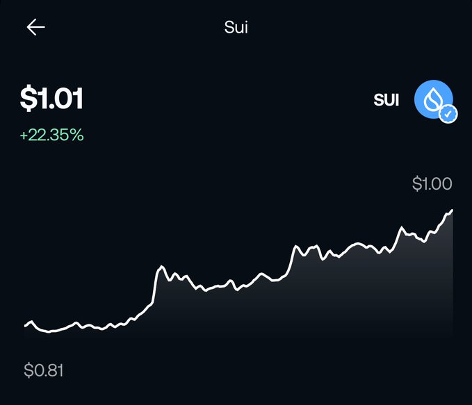 A mobile screenshot of Sui (SUI) cryptocurrency trading at $1.01, up 22.35%, with a price chart showing growth from $0.81 to $1.00, fitting the optimistic "Gm $SUI" morning greeting with a bullish price action display.
