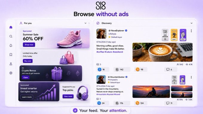 The image shows an advertisement for "S18 - Browse without ads," displaying a social feed interface with sponsored content on the left (featuring a "Summer Sale 60% OFF" shoe promotion and "Crypto Bonus" claim) alongside a Discovery feed on the right with posts from "NovaExplorer" and "MountainSeeker."

Notably, the image has no apparent direct connection to the accompanying post about Cassator's staking integration into the SL8 Wallet, as the visual focuses on ad-free browsing rather than DeFi staking features, USDC, or SSLX tokens.