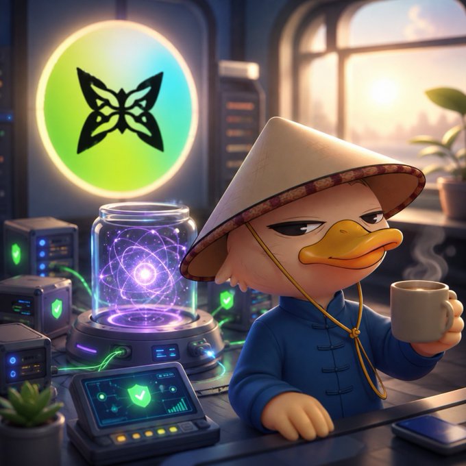 A 3D-rendered digital illustration of an anthropomorphic duck wearing a traditional conical hat and blue robe, holding a steaming cup of tea, seated near glowing tech equipment and a butterfly logo.