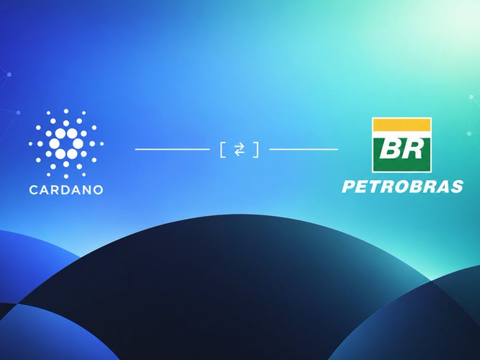 A graphic displaying the Cardano logo on the left connected to the Petrobras (BR) logo on the right, set against a blue and teal gradient background.