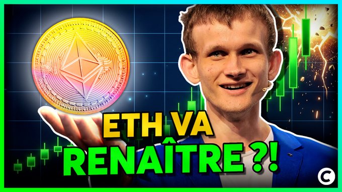 The image shows a YouTube thumbnail featuring Vitalik Buterin smiling while holding a holographic Ethereum coin, with the French text "ETH VA RENAÎTRE?!" (Will ETH be reborn?!) overlaid on a background of green cryptocurrency trading charts and lightning effects. The thumbnail ties to the post's discussion of Ethereum's upcoming "Lean Ethereum" overhaul by presenting it as a potential rebirth for ETH amid significant price decline and organizational upheaval.