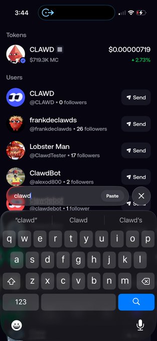 A mobile search interface on a phone shows a keyboard typing "clawd," with token results displaying "CLAWD" at $0.00000719 and related social accounts like "@CLAWD" and "@frankdeclawds" below.
