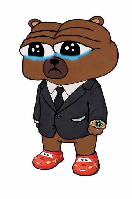A cartoon illustration of a sad brown bear with large teary eyes, wearing a black business suit, white shirt, black tie, a Rolex watch, and red Lightning McQueen slippers.
