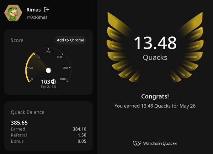"gQuack, legends! Just received 13.48 Quacks for May 26 - my best result ever! And the funniest part is that literally yesterday I was saying that I still couldn't beat my previous record from May 20 (13.27 Quacks)..."