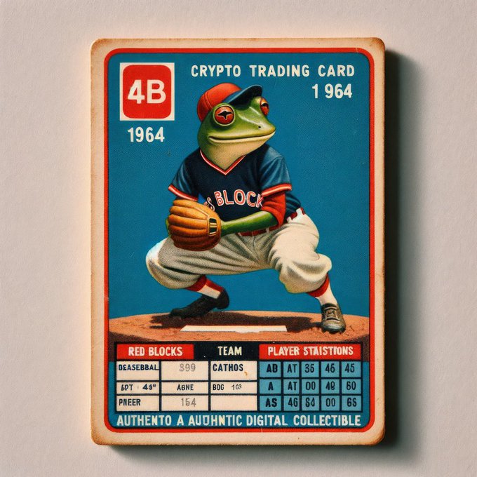 A vintage-style baseball trading card featuring an anthropomorphic frog in a 'Block' uniform, labeled '4B 1964' and 'CRYPTO TRADING CARD' with player stats like 'AUTHENTO A AUUHNTIC DIGITAL COLLECTIBLE'.