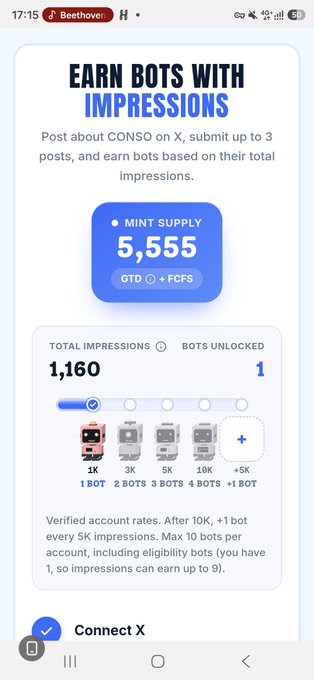 A mobile screenshot showing an interface titled 'EARN BOTS WITH IMPRESSIONS' for a CONSO project, displaying a mint supply of 5,555 GTD FCFS, 1,160 total impressions, and 1 bot unlocked.