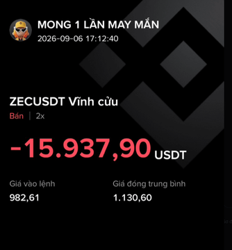 A cryptocurrency transaction notification in Vietnamese showing a loss of -15,937.90 USDT on ZECUSDT Vĩnh cửu (Perpetual), dated 2026-09-06 17:12:40.
