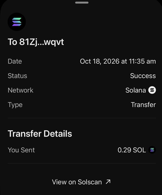 A phone screenshot of a successful Solana wallet transfer confirmation showing 0.29 SOL sent to address "81Zj...wqvt" on October 18, 2026, illustrating the bonus tip mentioned in the post for being an active "reply guy."