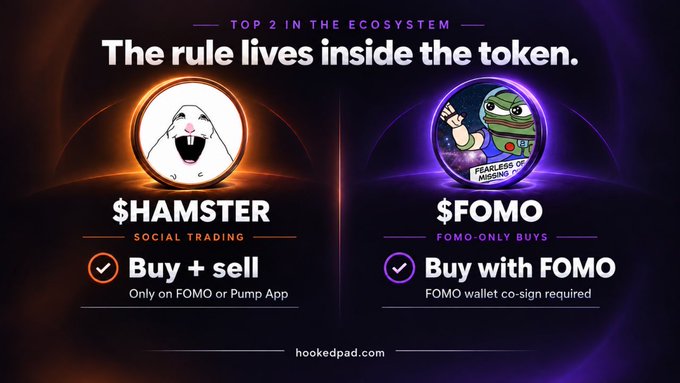 A promotional graphic for Hooked Pad titled 'TOP 2 IN THE ECOSYSTEM' compares $HAMSTER 'SOCIAL TRADING' with $FOMO 'FOMO ONLY BUYS,' showing cartoon hamster illustrations.