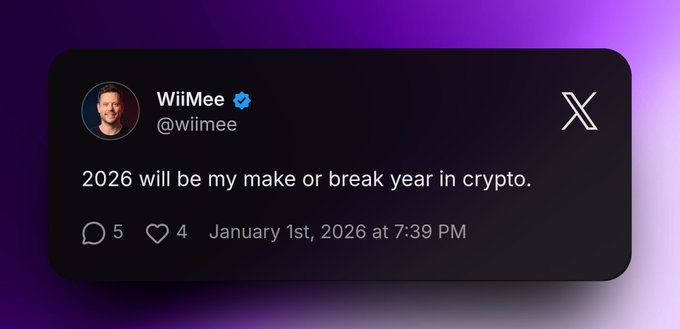 A post from X account “WiiMee” (@wiimee) reads, “2026 will be my make or break year in crypto,” with 5 replies and 4 likes at 7:39 PM on January 1, 2026. The image reinforces the accompanying post’s theme of sudden crypto-related job losses, contrasting the uncertainty of 2026 with the speaker’s 2025 professional income collapsing to zero.