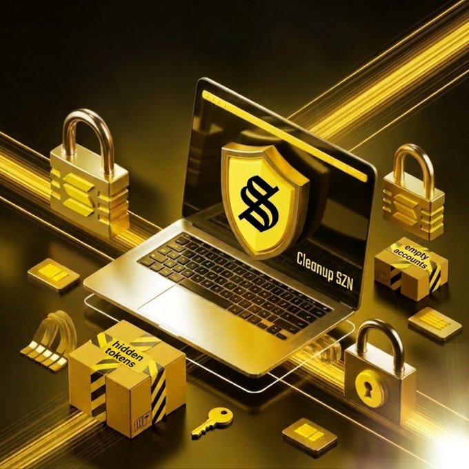 The image features an open laptop with a shield protecting its contents, surrounded by various objects such as boxes, locks, and keys. The scene also includes text elements related to cryptocurrency, specifically about Solana wallets and their clutter over time due to constant use.