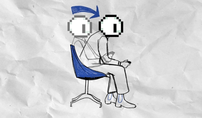 A sketch on crumpled paper shows a figure with pixelated eyes sitting in a blue chair, with an arrow pointing from one set of eyes to another.