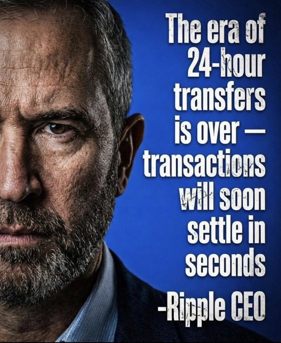 A close-up of a man's face next to a quote on a blue background: 'The era of 24-hour transfers is over — transactions will soon settle in seconds -Ripple CEO'.