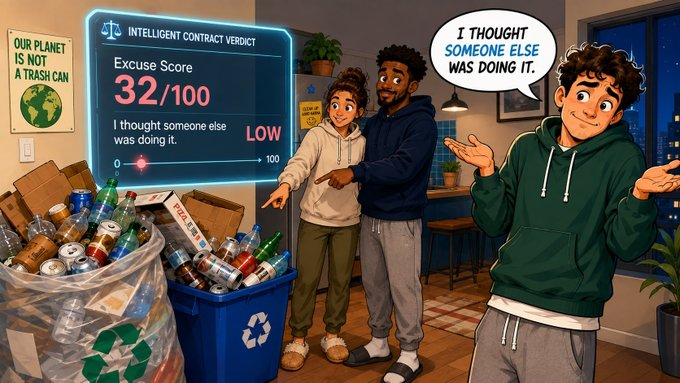 An illustrated scene showing two people pointing at overflowing recycling bins, with a speech bubble reading 'I thought someone else was doing it,' alongside an 'Intelligent Contract Verdict' displaying an 'Excuse Score 32/100' and a poster stating 'OUR PLANET IS NOT A TRASH CAN'.