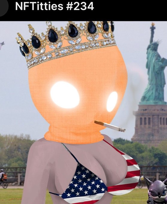 The image showcases "NFTitties #234," a digital artwork featuring a stylized figure in an American flag bikini top, wearing a jeweled crown and smoking a cigarette, with the Statue of Liberty visible in the background. The piece is shared as a shoutout to creator @SlappySonn, highlighting their distinctive NFT art style.