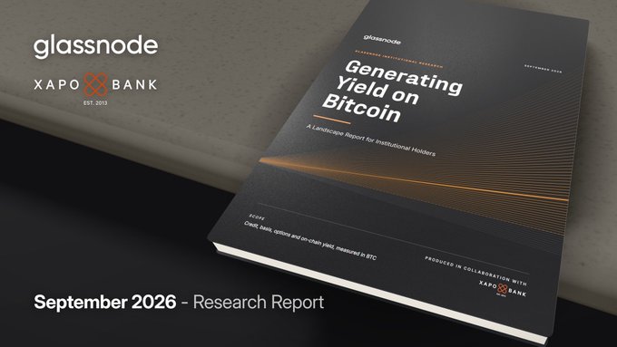 A sleek research report titled "Generating Yield on Bitcoin: A Landscape Report for Institutional Holders" is displayed on a dark surface, produced in collaboration with Glassnode and Xapo Bank (EST. 2013). The cover, dated September 2026, highlights direct, basis, option, and on-chain yield measured in BTC, promoting the linked analysis of Bitcoin yield strategies.