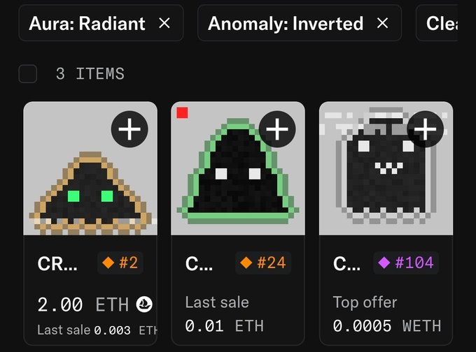 A dark-mode NFT marketplace interface showing three pixel-art character collectibles filtered by 'Aura: Radiant' and 'Anomaly: Inverted', with ETH prices listed for each.