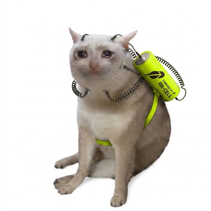 A gray and white cat wears a neon green "POWERED BY RH-CELL" device with coiled wires attached, humorously illustrating the post's joke about "Cash Cat" being powered by Robinhood ($CASHCAT).