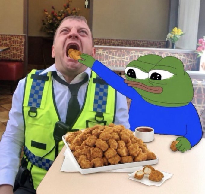 A surreal composite image showing a man in a high-visibility police vest screaming while the Pepe the Frog meme character shoves fried chicken into his mouth, with a massive platter of chicken nuggets on the table.