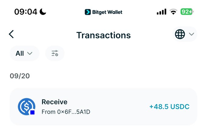 A Bitget Wallet screenshot showing a Transactions page with a single entry dated 09/20 displaying a "Receive" of +48.5 USDC from address 0x6F...5A1D, confirming the cryptocurrency payment referenced in the post about receiving a Web3 job payment through Bitget.