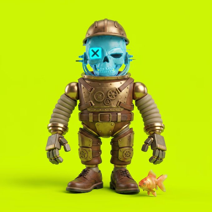 A steampunk-style skeleton character with a blue skull head, brass mechanical body, and an "X" over one eye stands on a bright yellow background beside a small goldfish. The whimsical, robotic figure visually represents the "Outlaw" character mentioned in the post, complementing its playful "GM" (good morning) crypto greeting and celebratory tone.