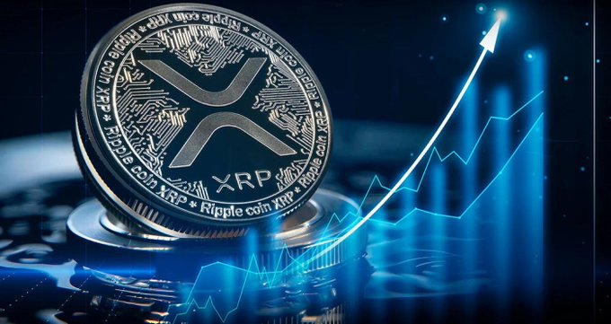 A promotional image of a silver XRP/Ripple coin next to an upward-trending blue line graph on a digital background.