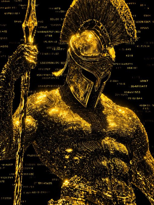 A golden digital warrior in a Greek-style helmet with a mohawk crest holds a spear, rendered in pixelated gold against a black background filled with floating numeric data.