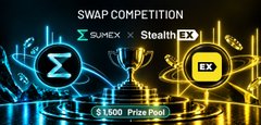 A promotional banner for a SWAP COMPETITION between Sumex and StealthEX, featuring their logos on a dark background with a prize pool of $1,800 displayed at the bottom.