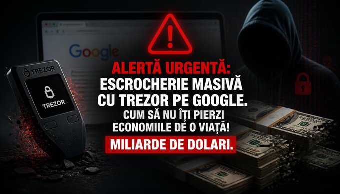 The image is a dramatic warning banner featuring a Trezor hardware wallet, a hooded figure with a padlock icon, stacks of cash, and a Google search page, with bold red and white text in Romanian reading "ALERTĂ URGENTĂ: ESCROCHERIE MASIVĂ CU TREZOR PE GOOGLE. CUM SĂ NU ÎȚI PIERZI ECONOMIILE DE O VIAȚĂ! MILIARDE DE DOLARI" (Urgent Alert: Massive Trezor Scam on Google. How to avoid losing your life savings! Billions of dollars), directly matching the post's warning about Google-based phishing scams targeting Trezor wallet users.