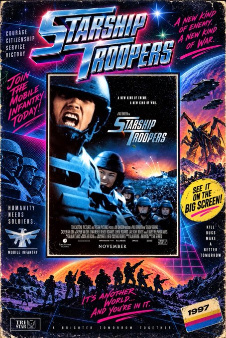 A stylized retro movie poster for 'Starship Troopers' featuring soldiers in combat gear, alien bug creatures, and text like 'A NEW KIND OF ENEMY. A NEW KIND OF WAR.' and 'SEE IT ON THE BIG SCREEN!'