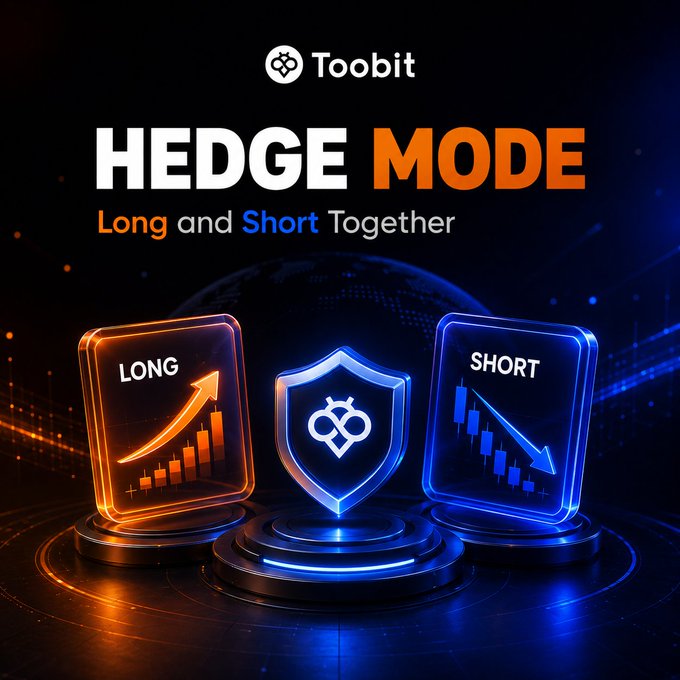 A promotional graphic for Toobit's Hedge Mode feature, displaying the text "HEDGE MODE - Long and Short Together" alongside visual representations of LONG (orange, upward arrow) and SHORT (blue, downward arrow) positions flanking a central shield with the Toobit logo, illustrating the platform's capability to hold simultaneous opposing positions on the same contract.