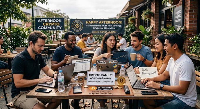 A group of people gather around an outdoor table for an “Afternoon Crypto Community” event, discussing cryptocurrency topics surrounded by Bitcoin, GitHub, and crypto-themed signs and props.