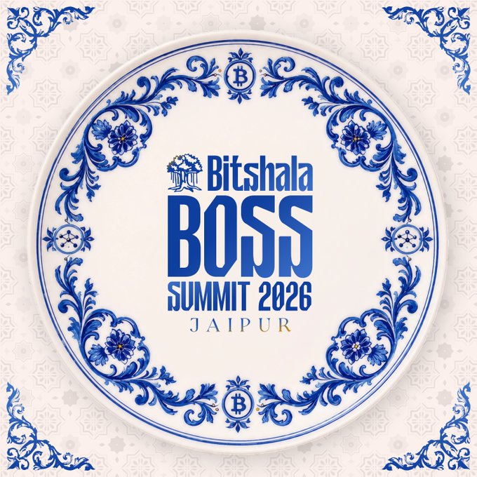 A circular blue and white logo design for the "Bitshala BOSS SUMMIT 2026" in Jaipur, featuring a Bitcoin symbol and ornate decorative borders.