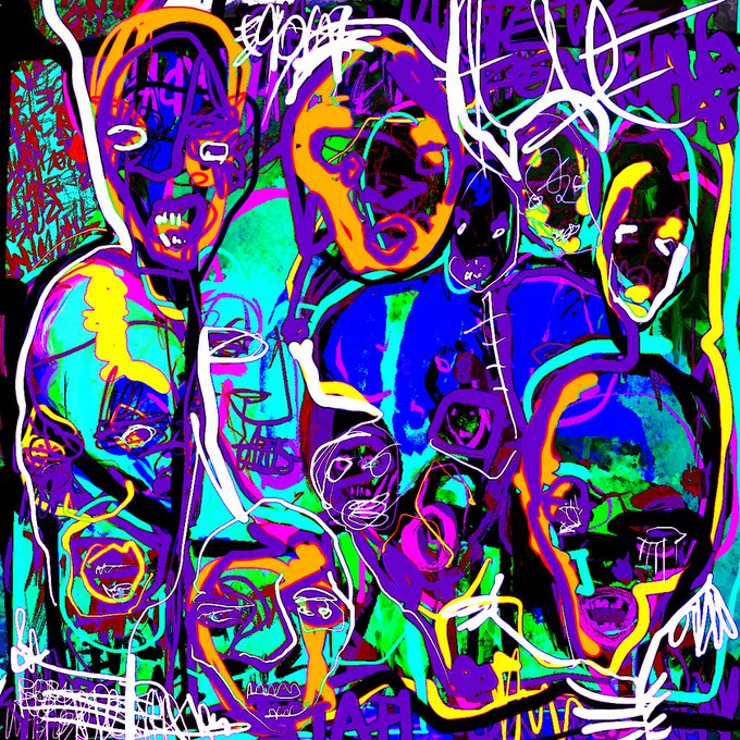 A vibrant, chaotic digital artwork featuring multiple abstract faces in bright neon colors like purple, green, blue, and orange with graffiti-style scribbles.